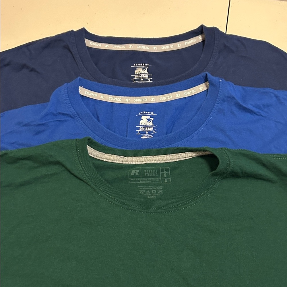 Starter & Russell Athletic Men's Short Sleeve Tees, Blue & Green, 3 total, large